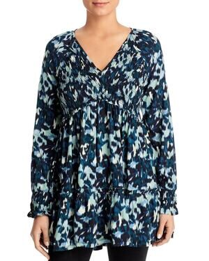 BeachLunchLounge Talia Blue Smocked Tunic Blouse - Size Small - Long Sleeves